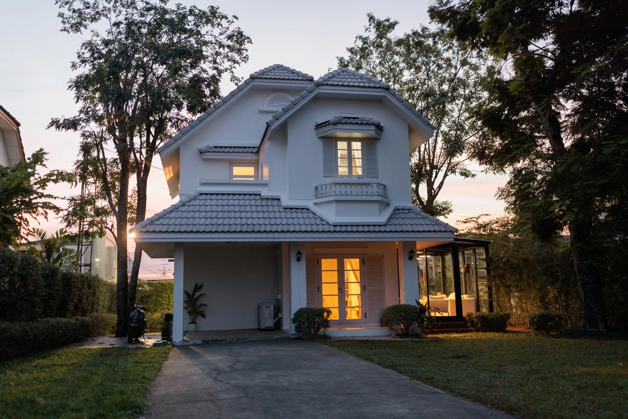 Residential house exterior at dusk