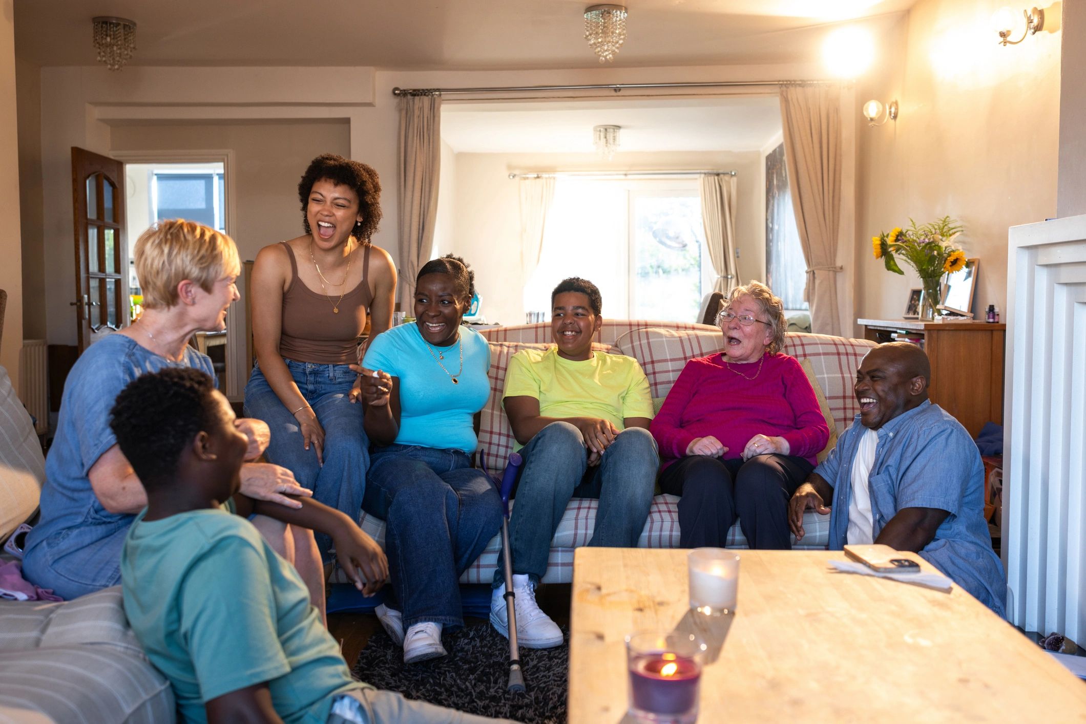 Family spending time together in a bright living room